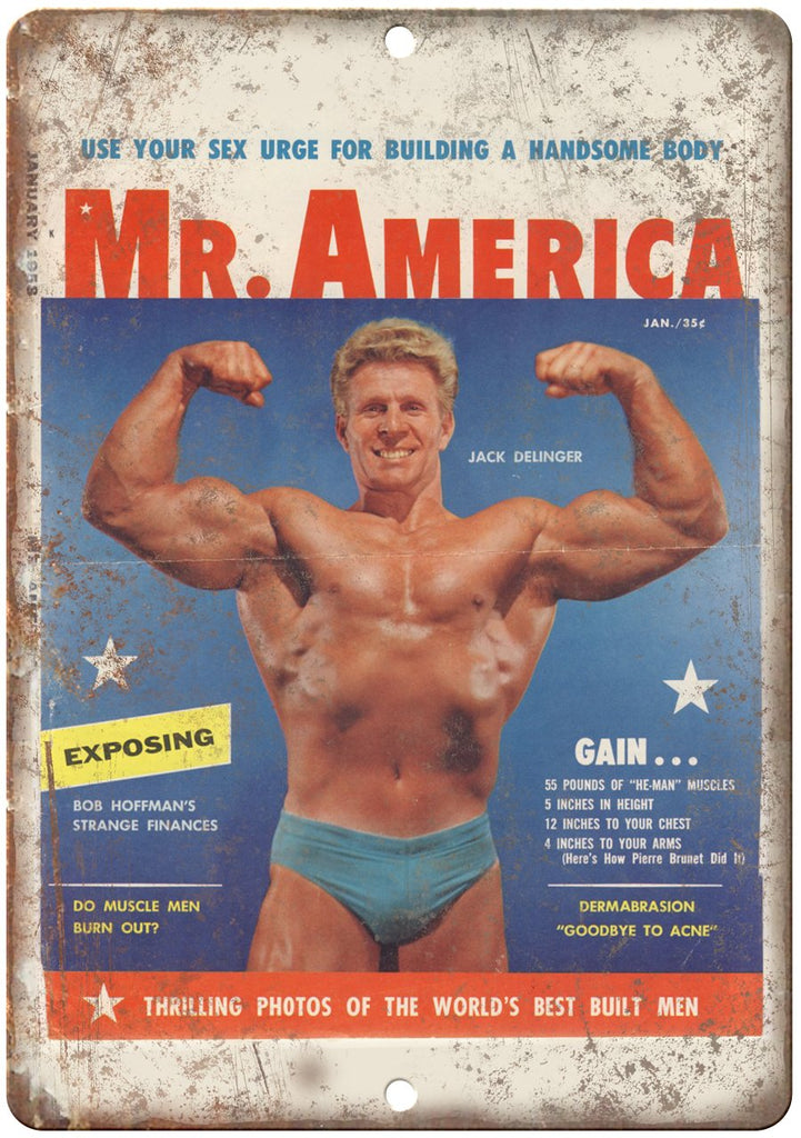 Mr. America Magazine Jack Delinger Weights Metal Sign