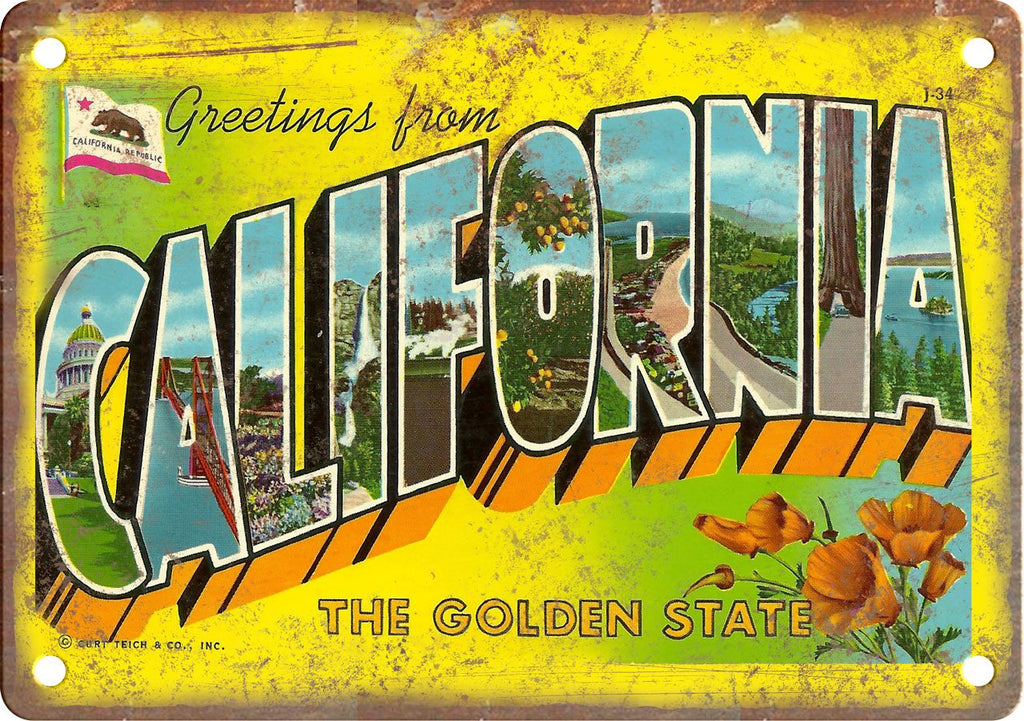 California Golden State Greetings From Metal Sign