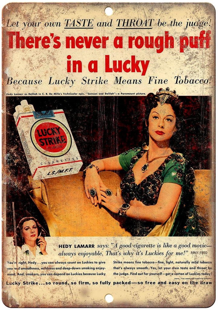 Lucky Strike Hedy Lamarr Vintage Tobacco Ad Metal Sign