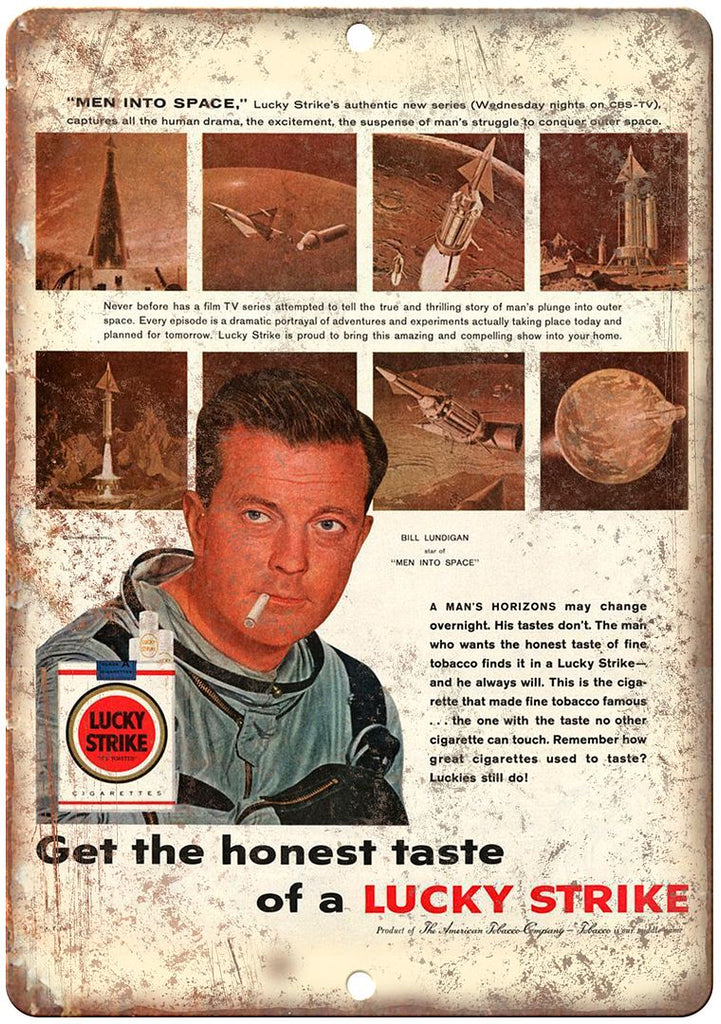 Lucky Strike Bill Lundigan Astronaut Ad Metal Sign