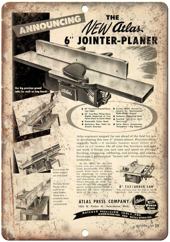 Atlas Press Company Tools Joint-Planer Metal Sign