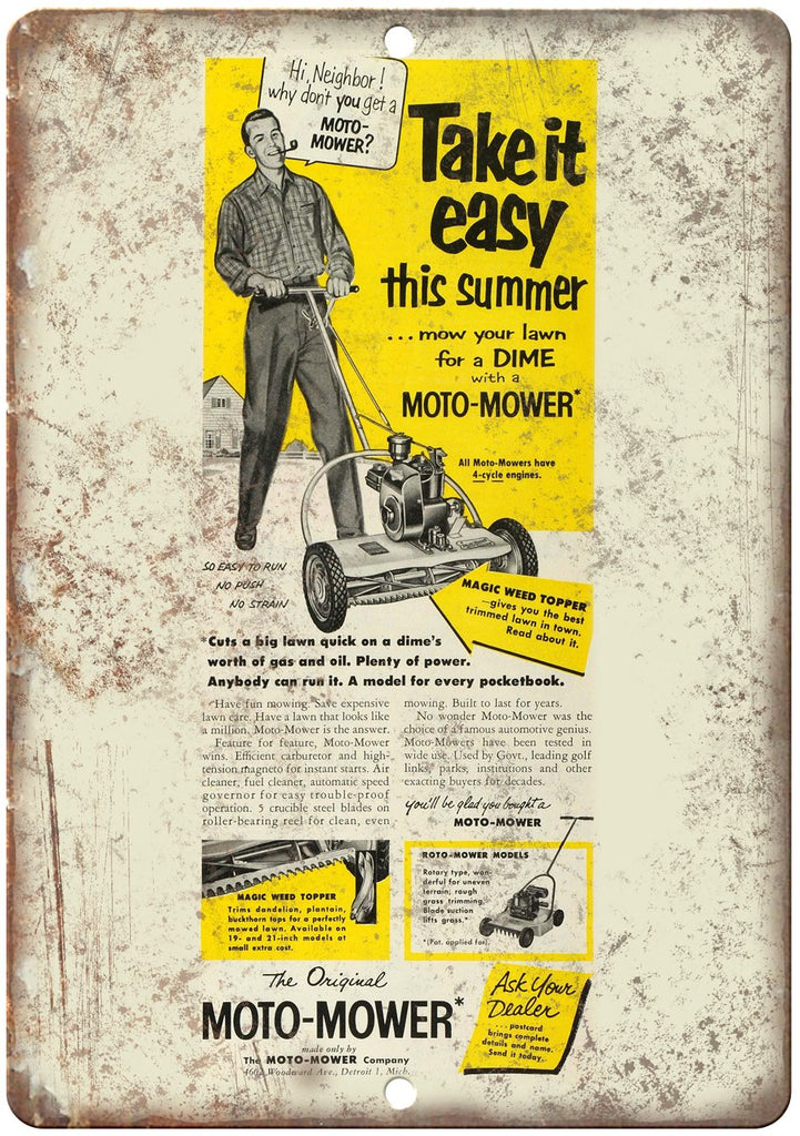 Moto-Mowr Vintage Lawn Mower Ad Metal Sign