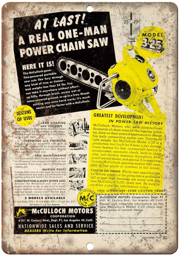 Muculloch Motors Corporation Chain Saw Metal Sign