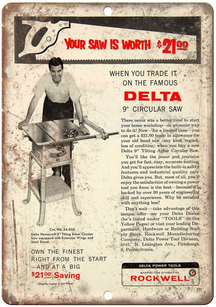 Delta rockwell Saw Power Tools Metal Sign