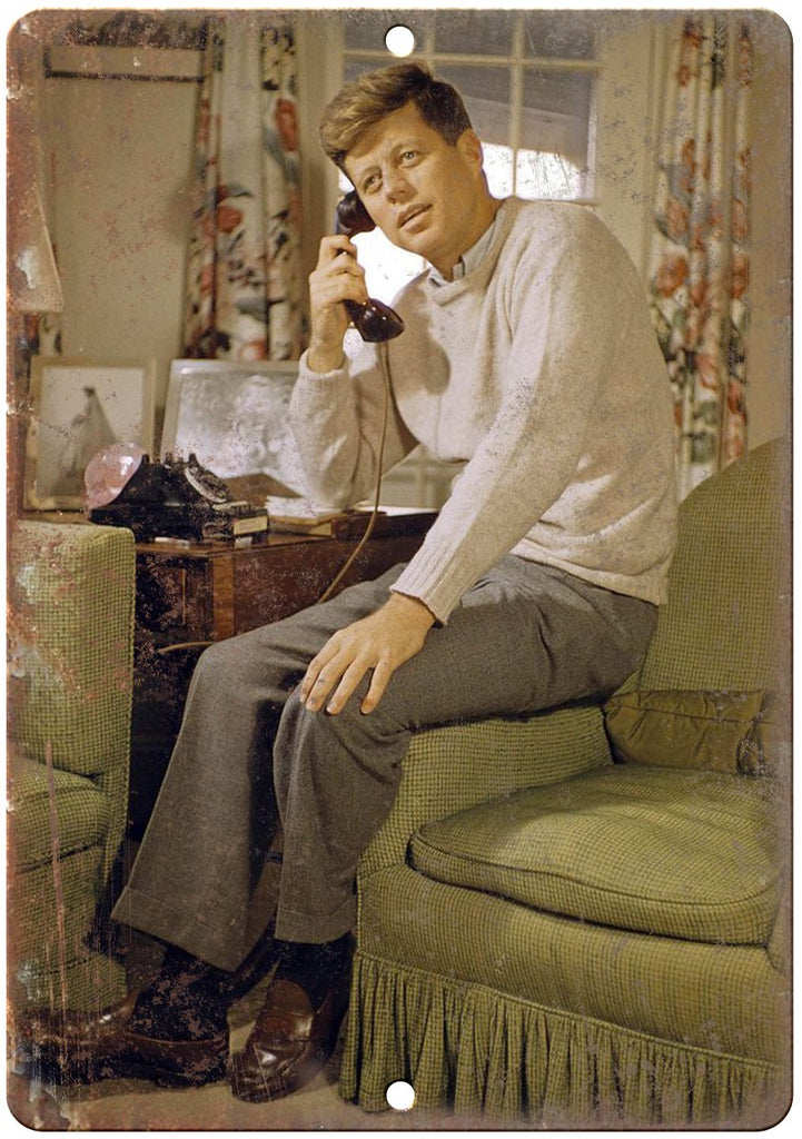 John F Kennedy Candid Photo RARE On Phone Metal Sign