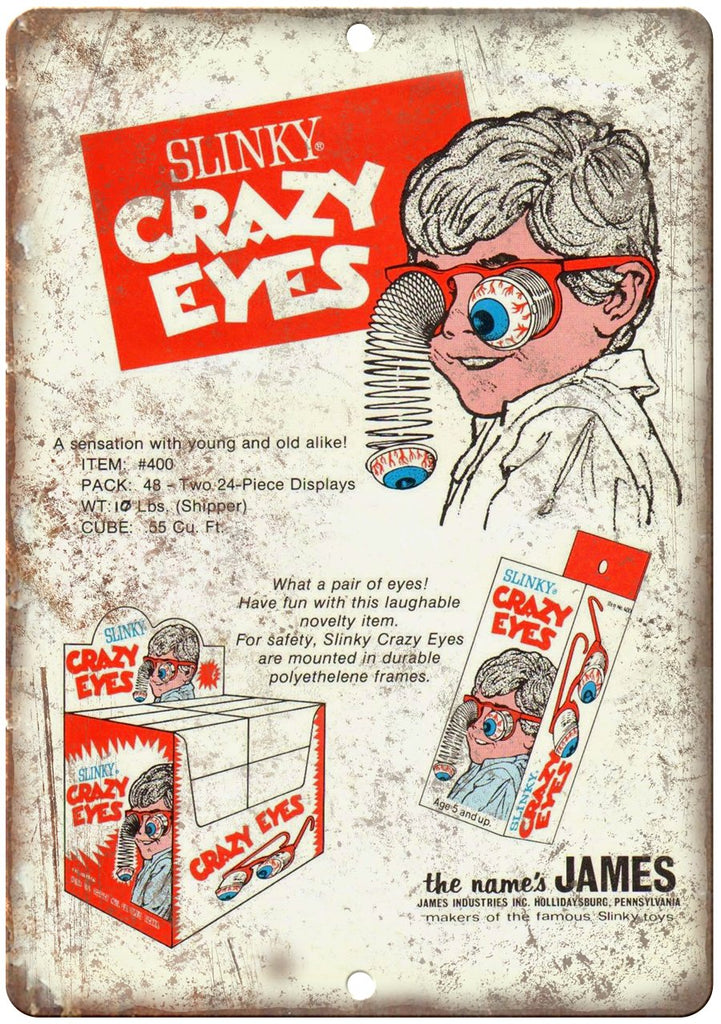 Slinky Crazy Eyes James Industries Toy Ad Metal Sign