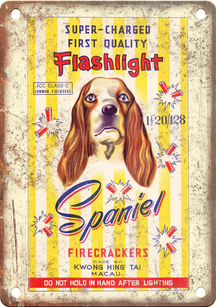 Spaniel Firecracker Wrapper Art Metal Sign