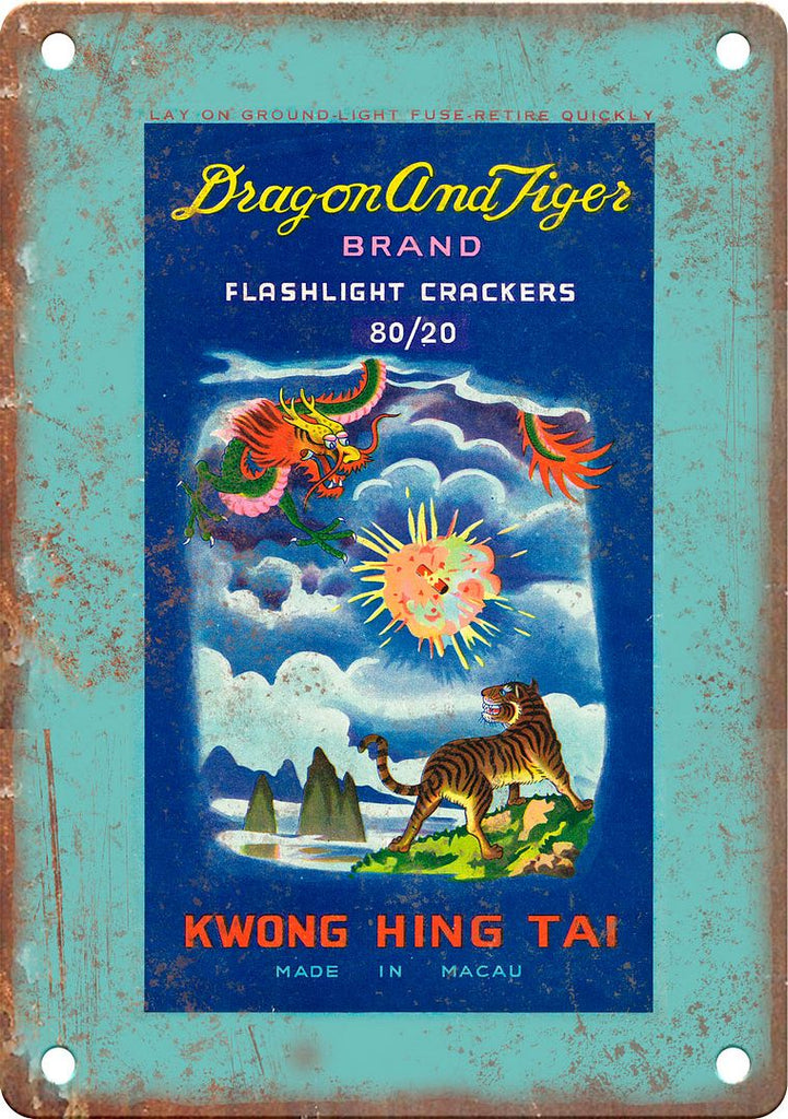 Dragon and Tiger Brand Firecracker Art Metal Sign