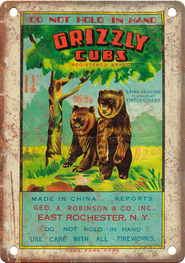 Grizzly Cubs Firecracker Package Art Metal Sign