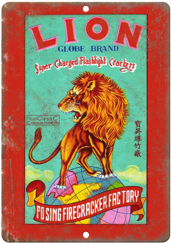 Lion Globe Brand Firecracker Factory Art Metal Sign