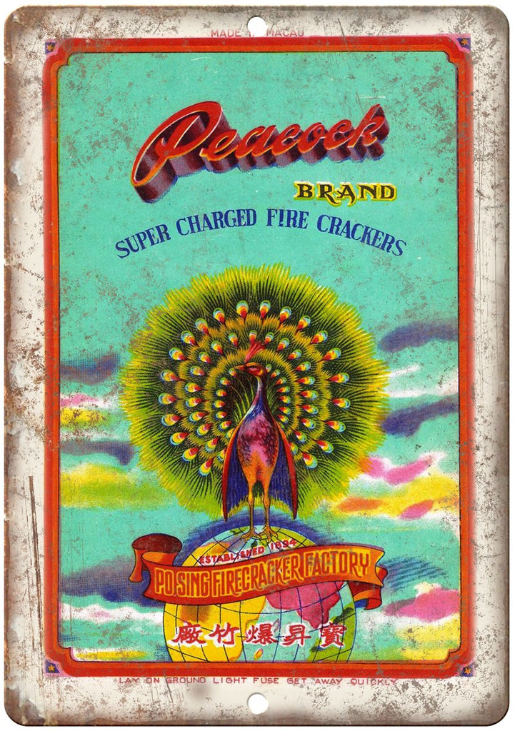 Peacock Brand FireCracker Package Art Metal Sign