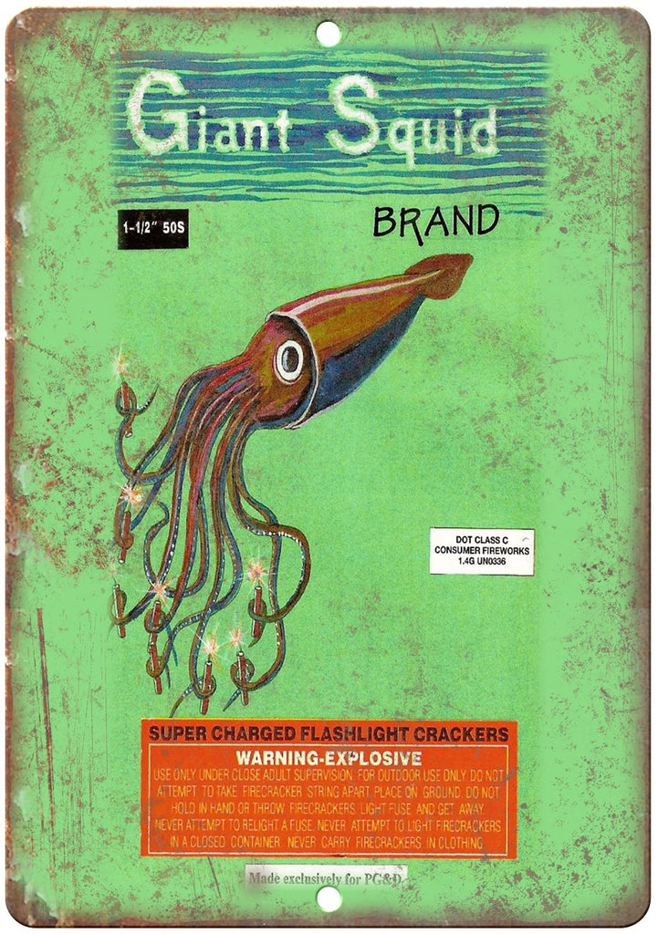 Giant Squid Brand Firecracker Package Art Metal Sign