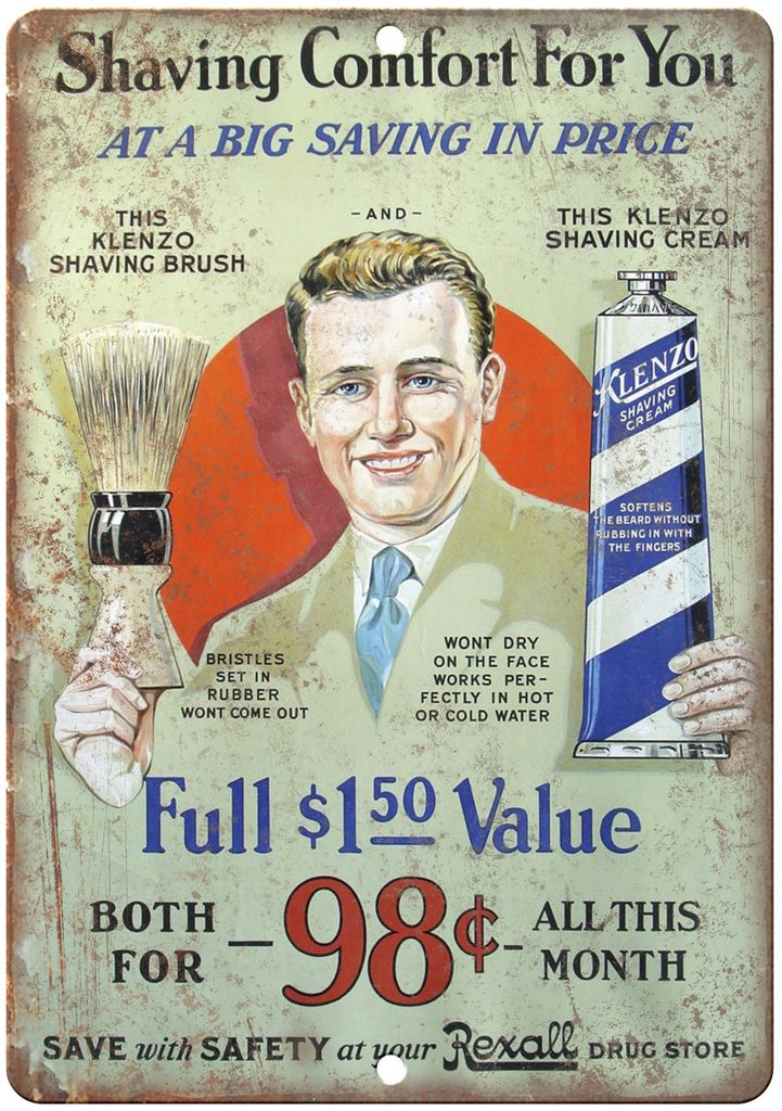 Klenzo Shaving Cream Rexall Drug Store Ad Metal Sign