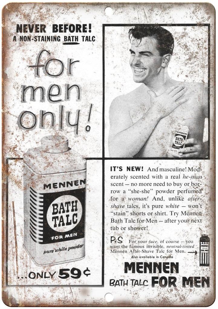 Mennen Bath Talc Vintage Powder Ad Metal Sign