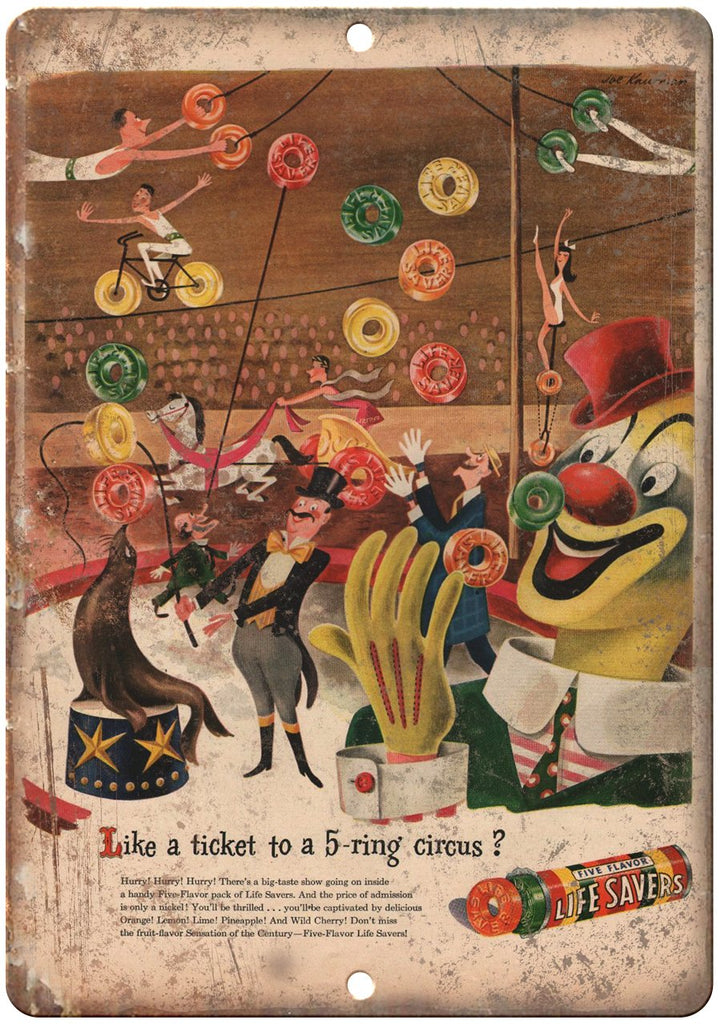 Life Savers Clown Vintage Circus Ad Metal Sign