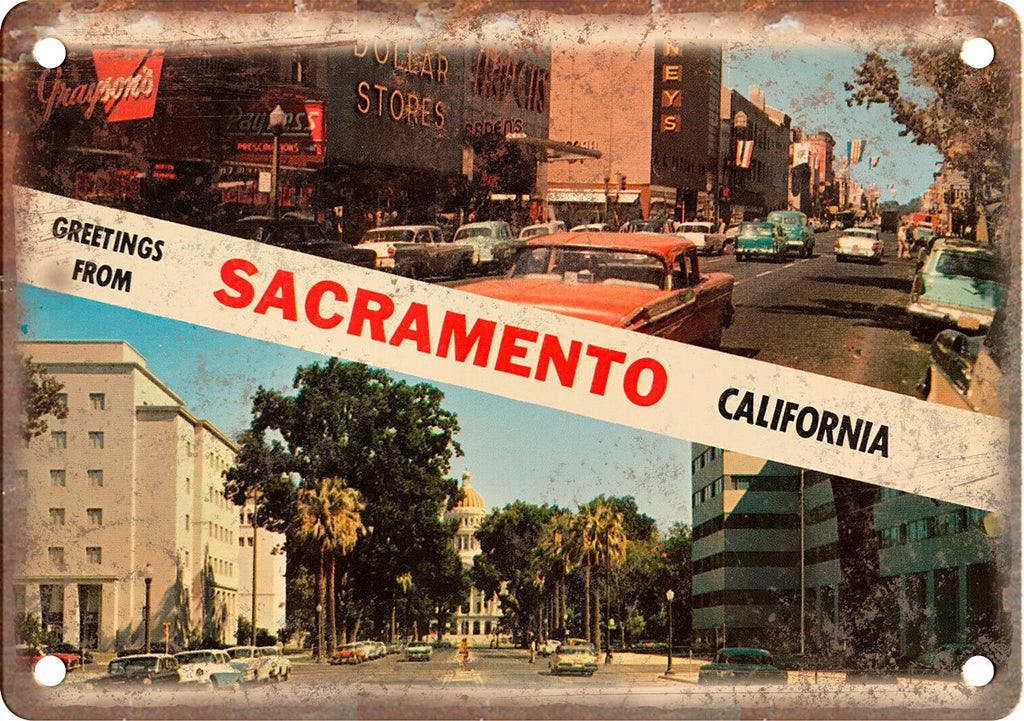 Sacramento California Greetings From Postcard Metal Sign