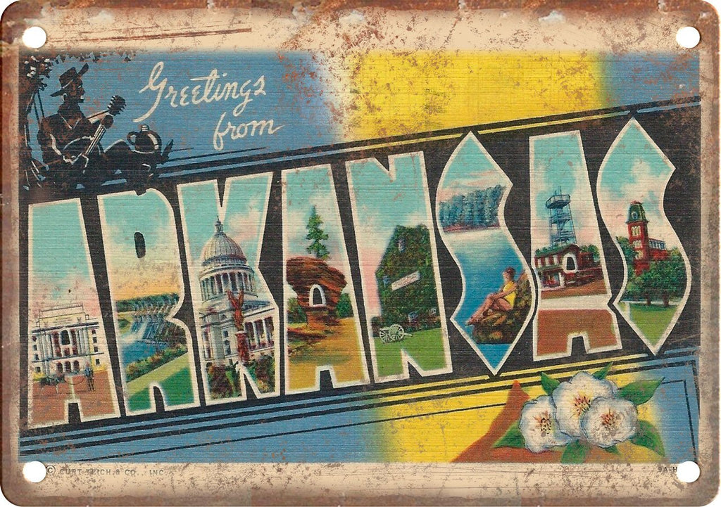 Arkansas Greetings From Postcard  Metal Sign