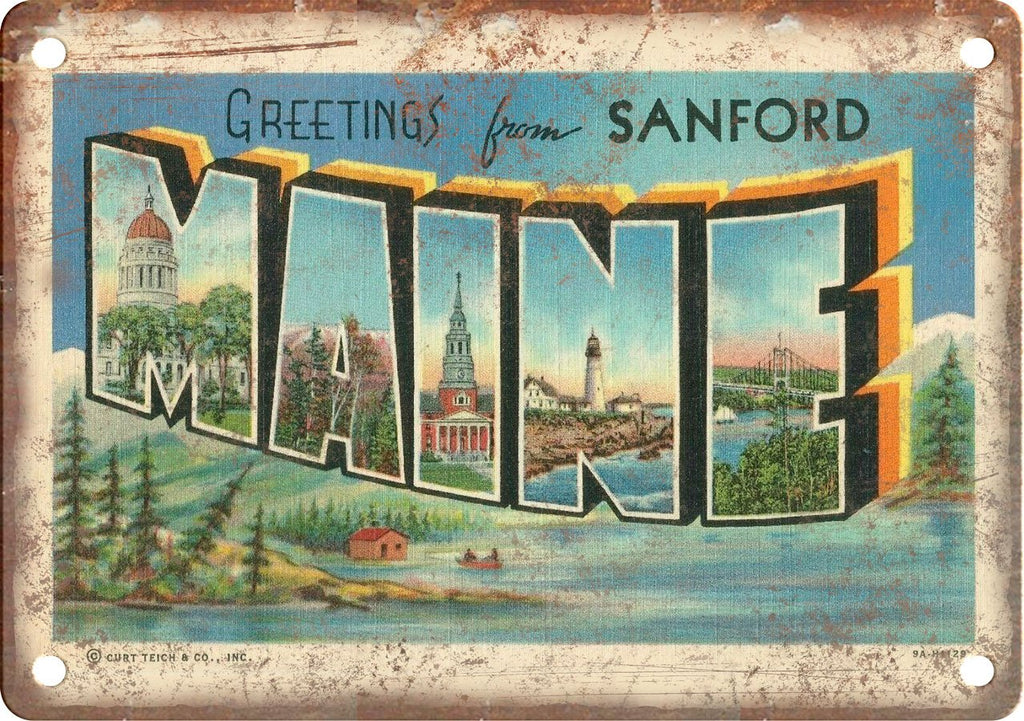 Sanford Maine Curt Teich Greetings From Metal Sign