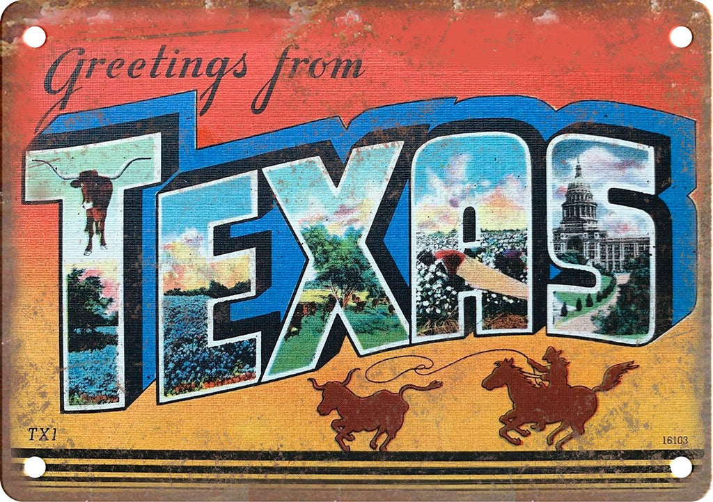 Texas Greetings From Postcard Metal Sign