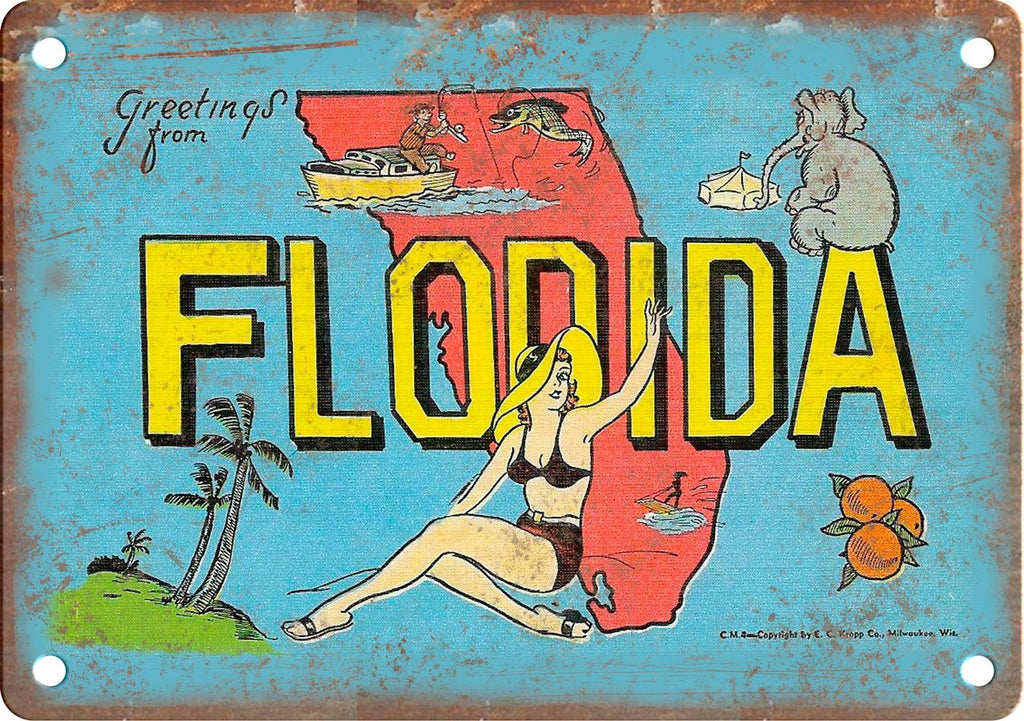 Florida Greetings From Postcard Metal Sign